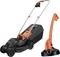 A black lawnmower with orange accents and a matching orange lawn trimmer. Ideal for garden maintenance.