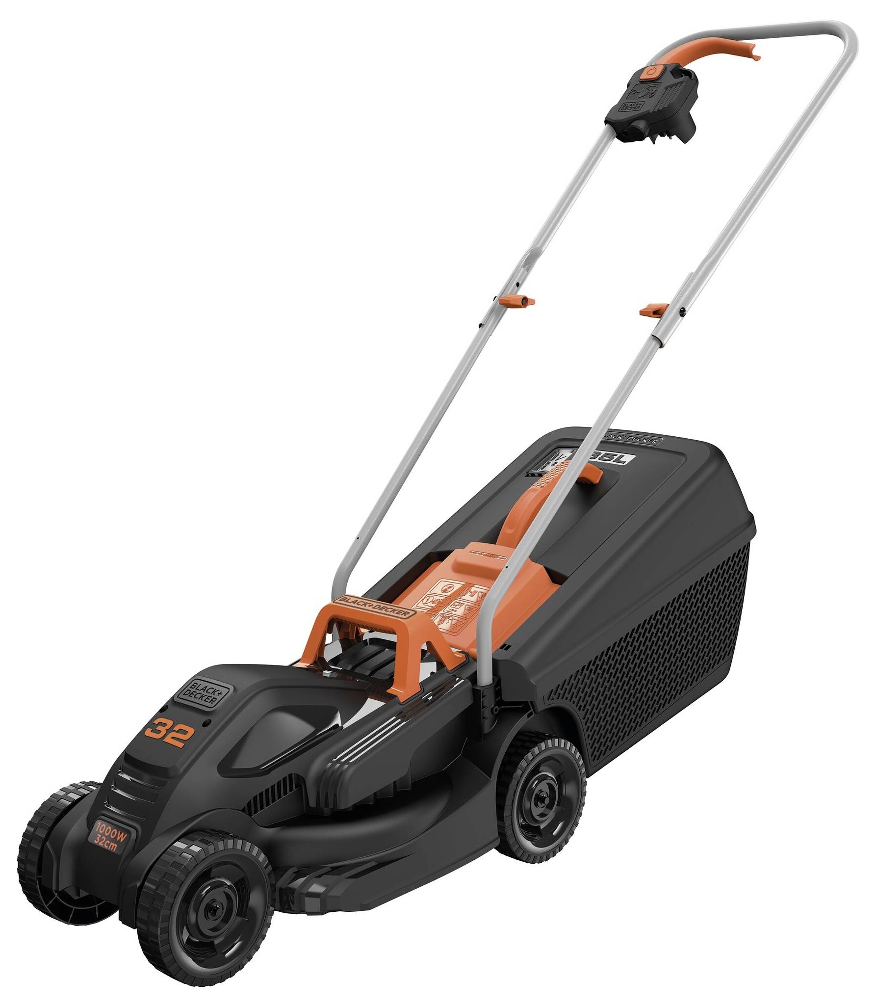 A black electric lawnmower with orange accents and a grass collection box, suitable for lawn maintenance in small gardens.