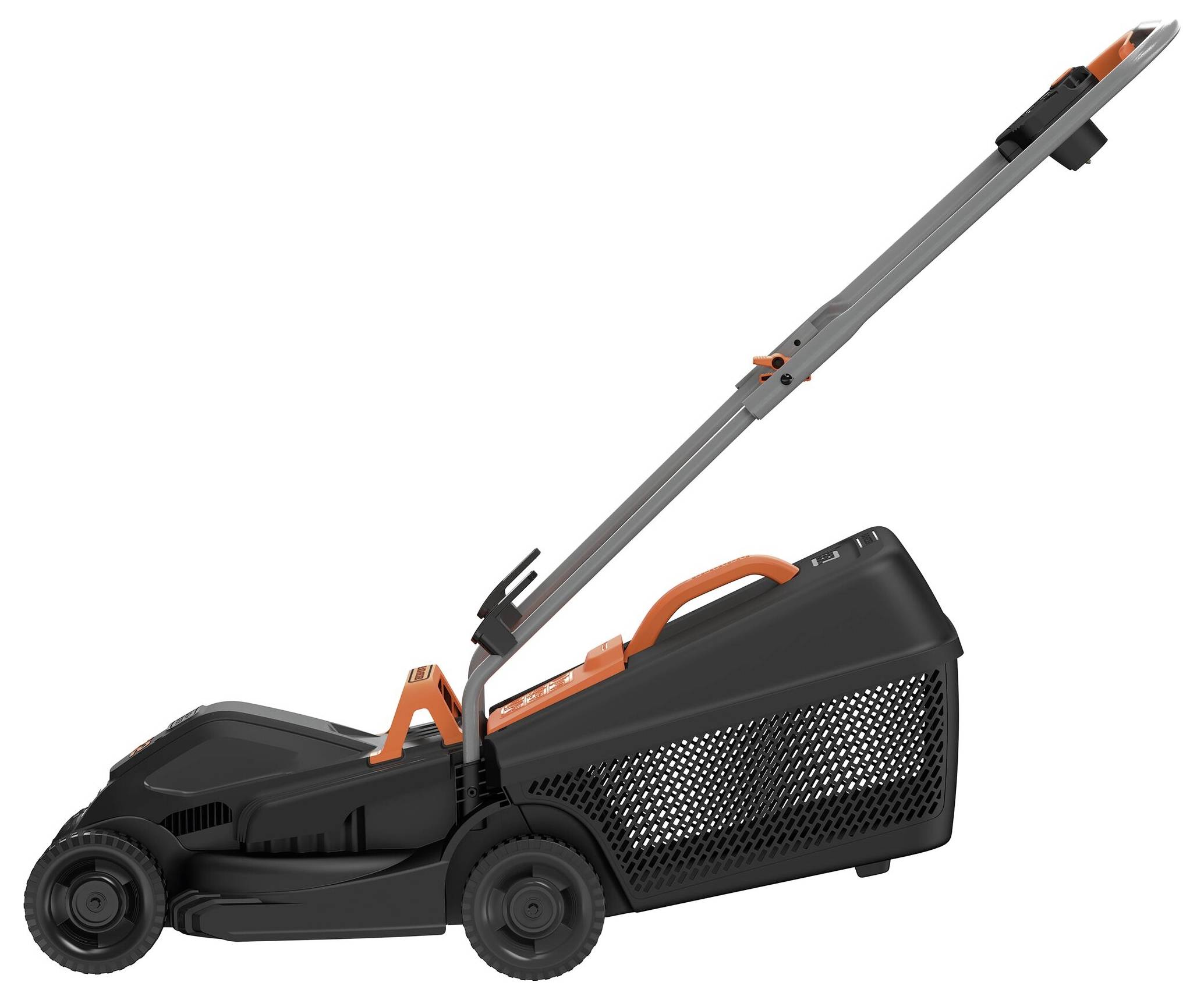A black lawnmower with orange accents and a long handle. The mower has a mesh collection bag on the side for grass clippings.