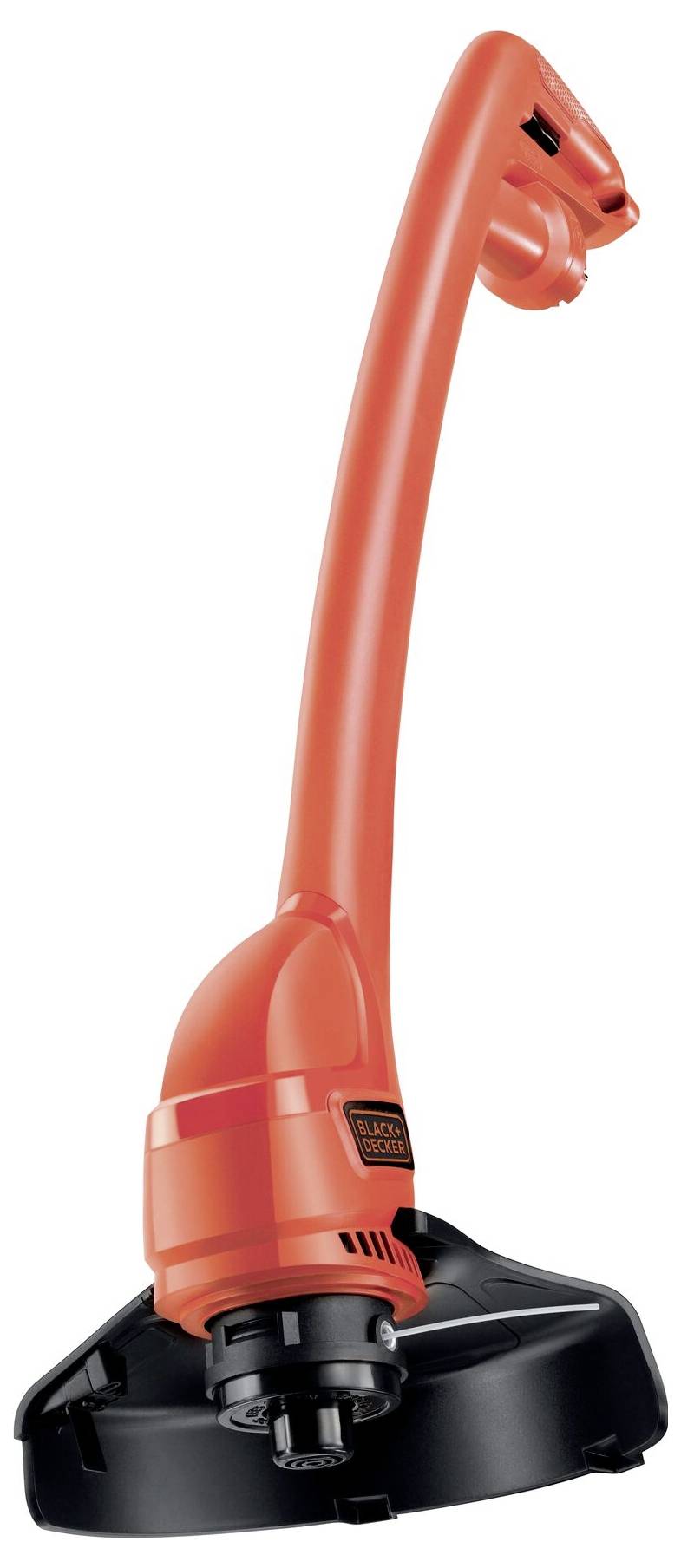 A red electric lawn trimmer with a black head and red-black handle, suitable for lawn maintenance work in the garden.