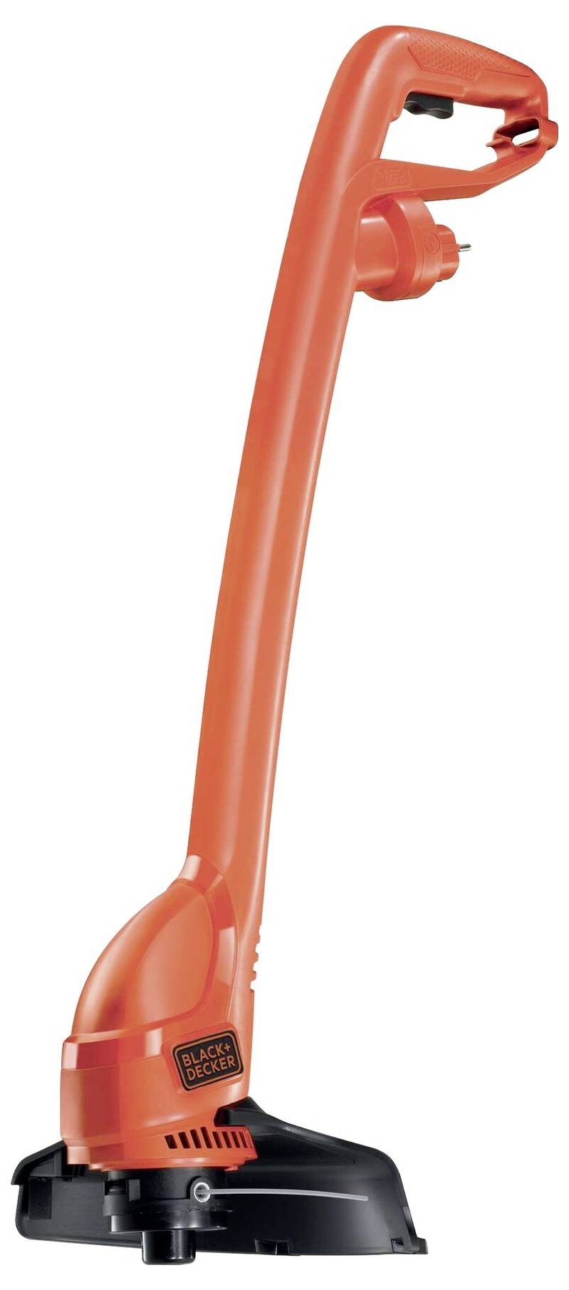 A red electric lawn trimmer with a curved shaft, suitable for cutting lawn edges and hard-to-reach areas.