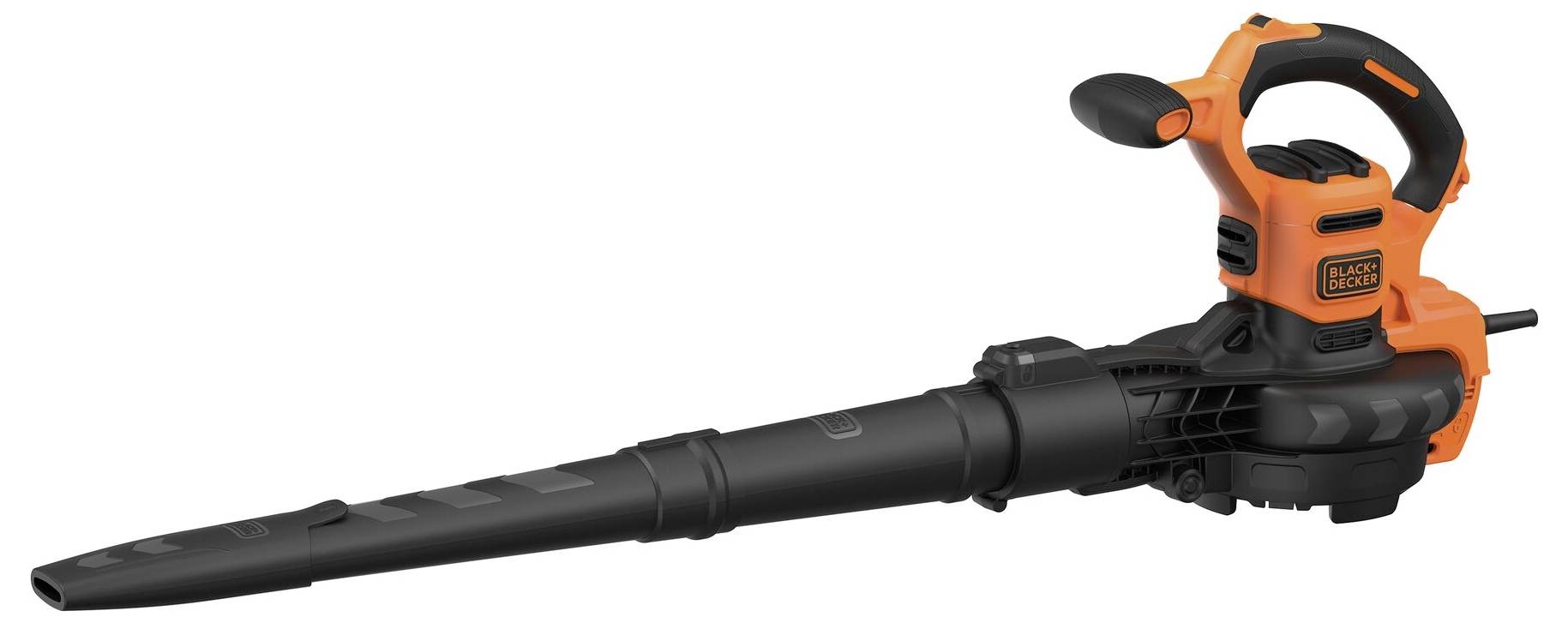 An orange and black electric leaf blower with a long, narrow nozzle. Used for clearing leaves and debris from pavements and courtyards.