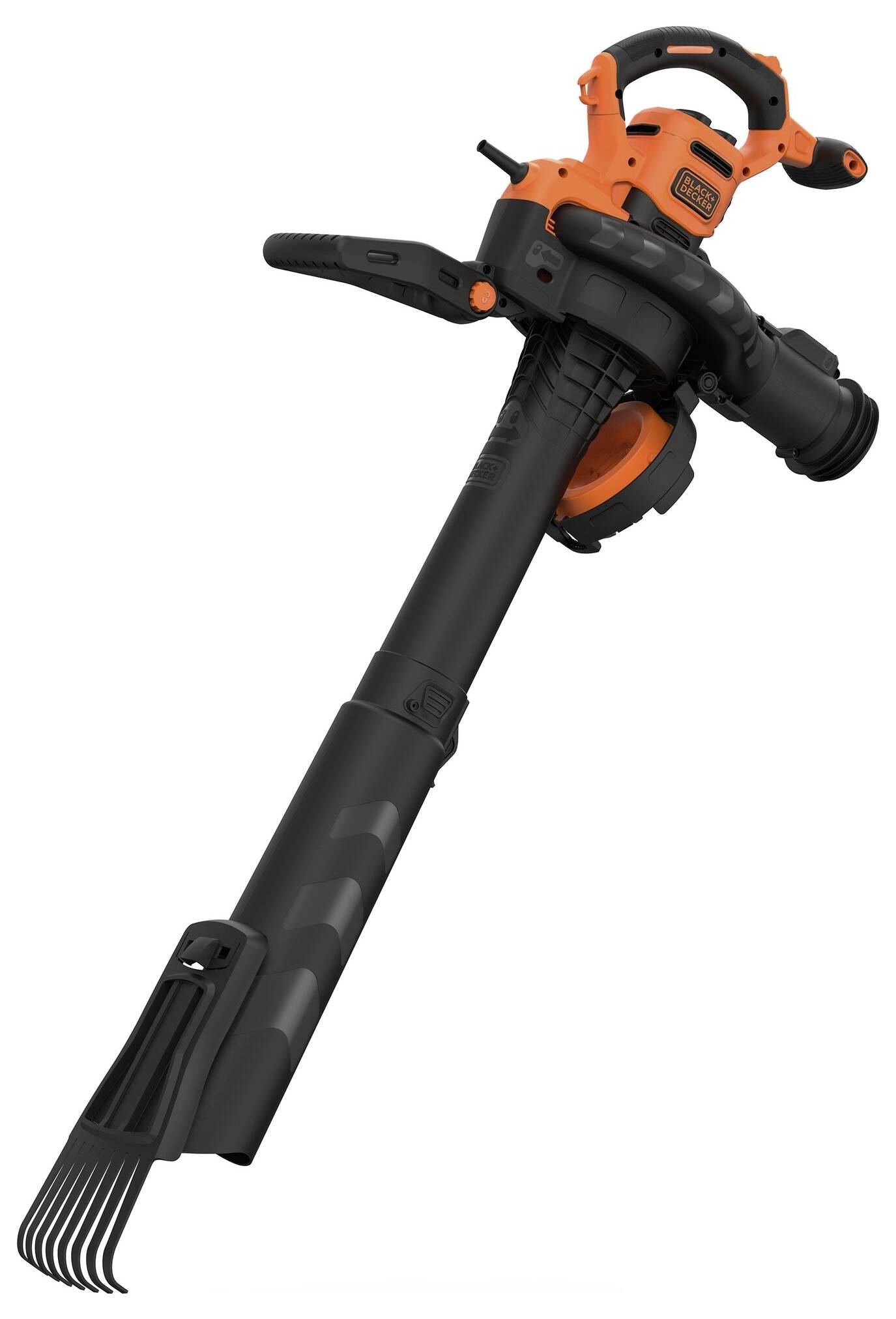 A black and orange leaf blower with an ergonomic handle and curved nozzle for clearing leaves in the garden area.