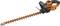 Electric hedge trimmer with an orange casing and black handle. Suitable for trimming hedges and shrubs in gardens.