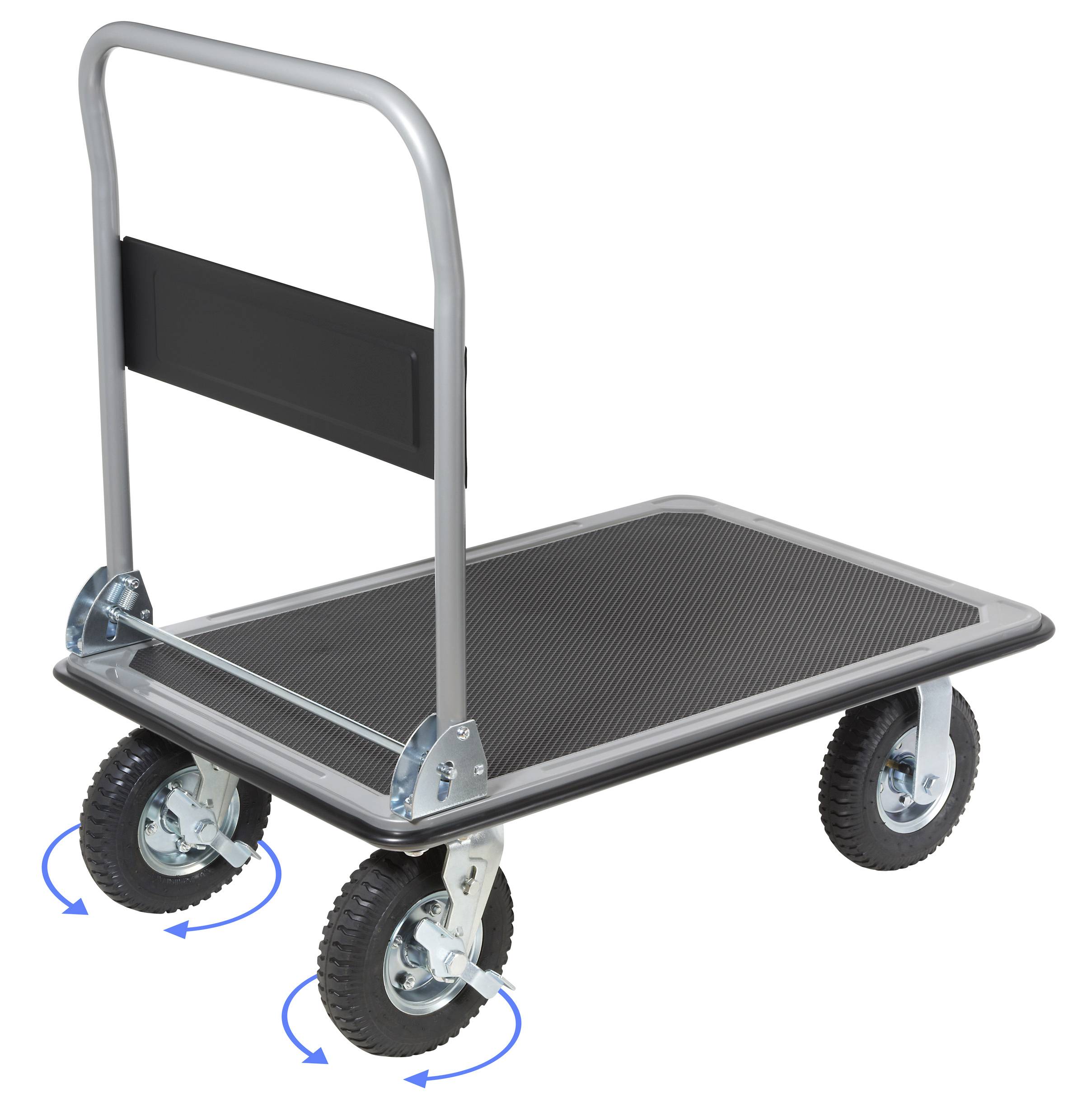 A flatbed trolley cart with four wheels and a black handle, used for transporting heavy items. Two wheels can swivel for maneuverability.