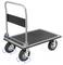 A flatbed trolley cart with four wheels and a black handle, used for transporting heavy items. Two wheels can swivel for maneuverability.