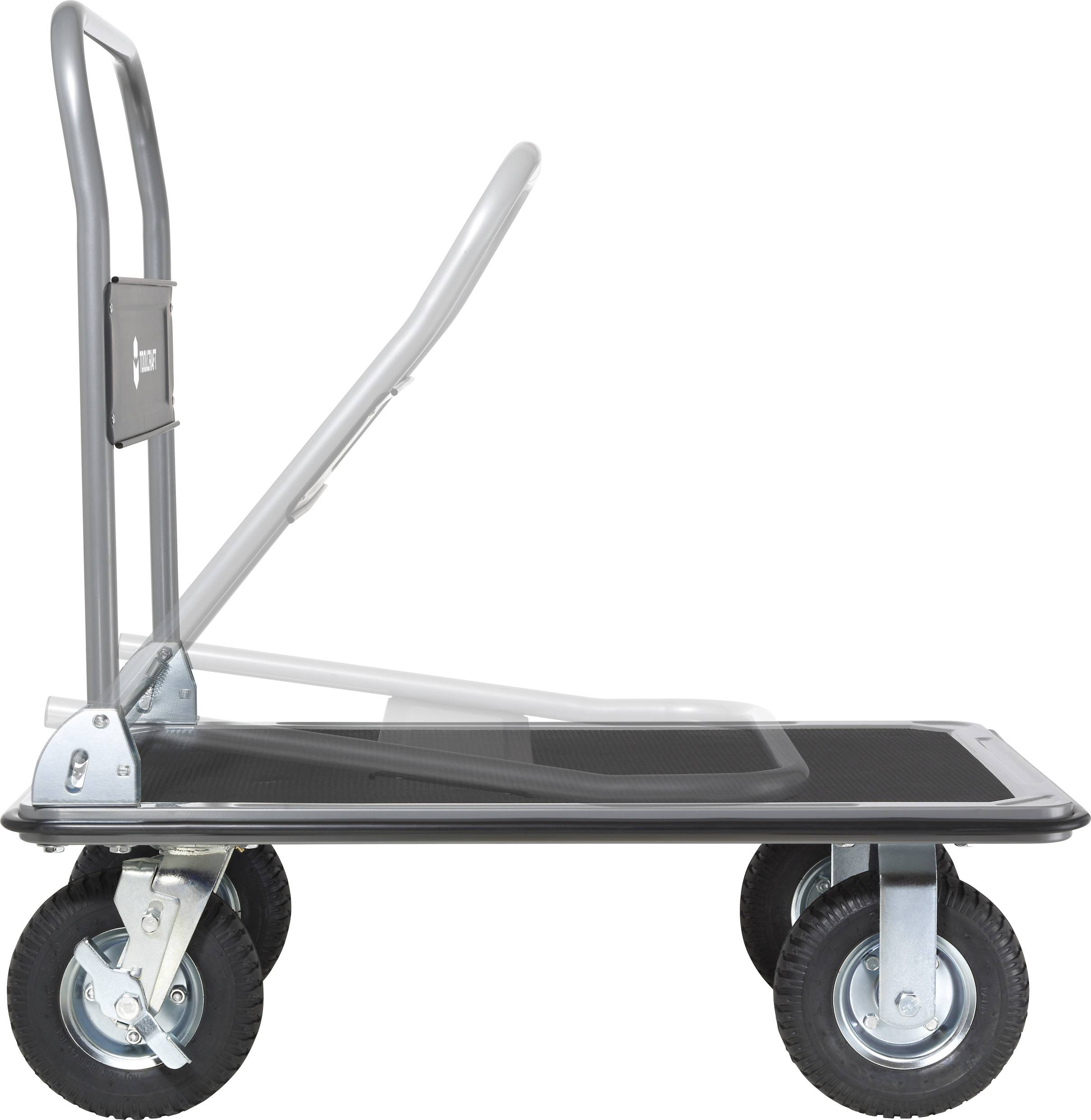 A metal platform trolley with four wheels and a foldable handle, designed for transporting heavy items in warehouses or storage areas.