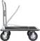 A metal platform trolley with four wheels and a foldable handle, designed for transporting heavy items in warehouses or storage areas.