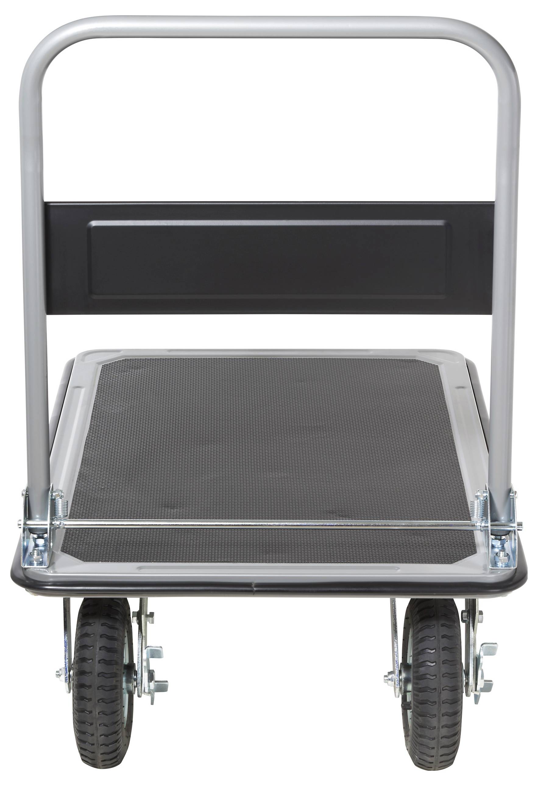 A black and silver flatbed cart with four wheels and a tall handle, suitable for transporting heavy items in warehouses or workshops.