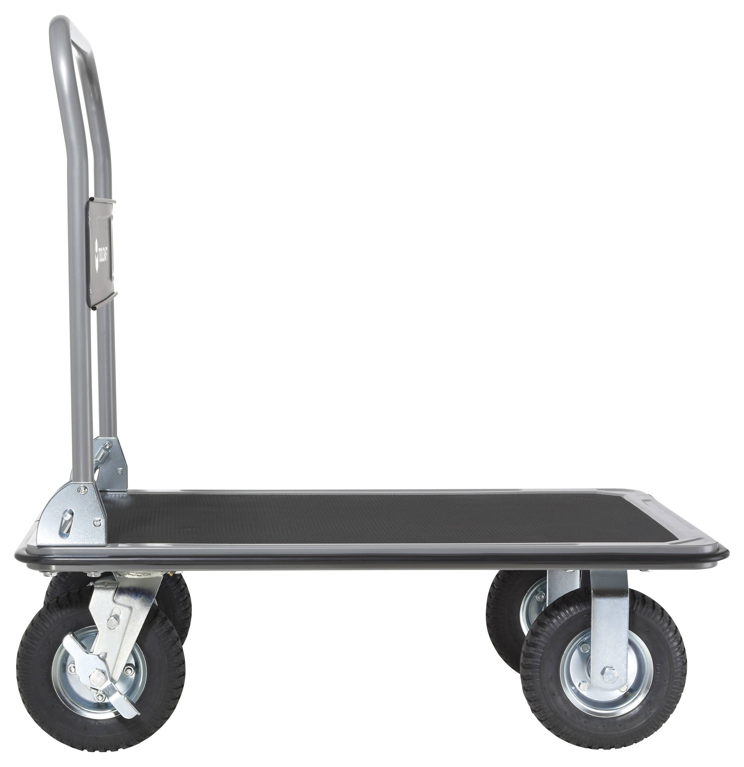 A flatbed cart with four wheels and a vertical handle, designed for transporting heavy items. It has a sturdy metal frame and rubber wheels.