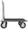 A flatbed cart with four wheels and a vertical handle, designed for transporting heavy items. It has a sturdy metal frame and rubber wheels.