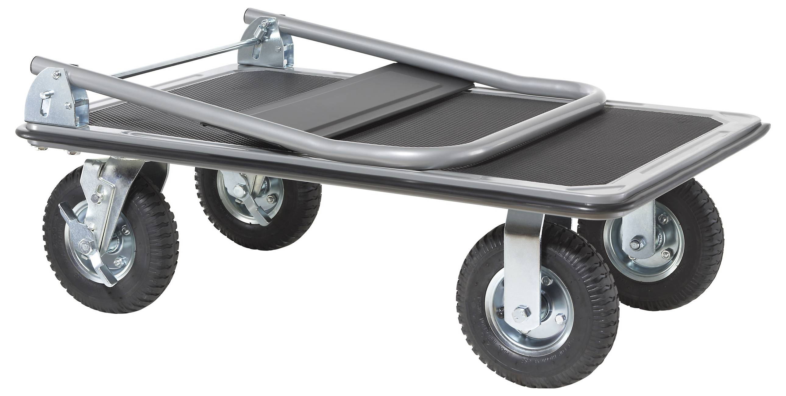 A foldable hand truck with large rubber wheels and a metal platform, designed for heavy-duty transport of goods.