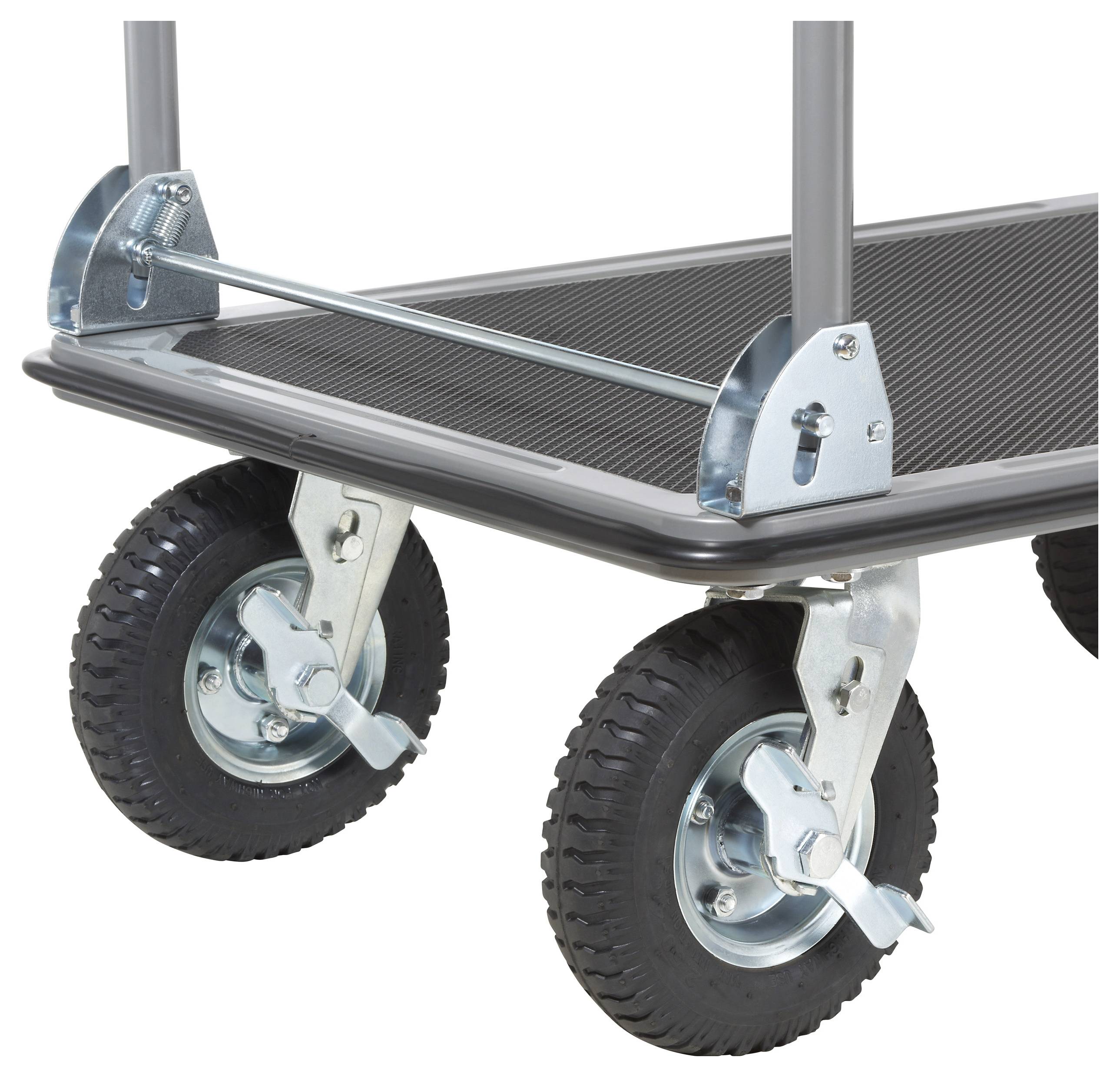 A close-up image of a platform trolley's large rubber wheels, each with a sturdy metal bracket and locking mechanism for stability.