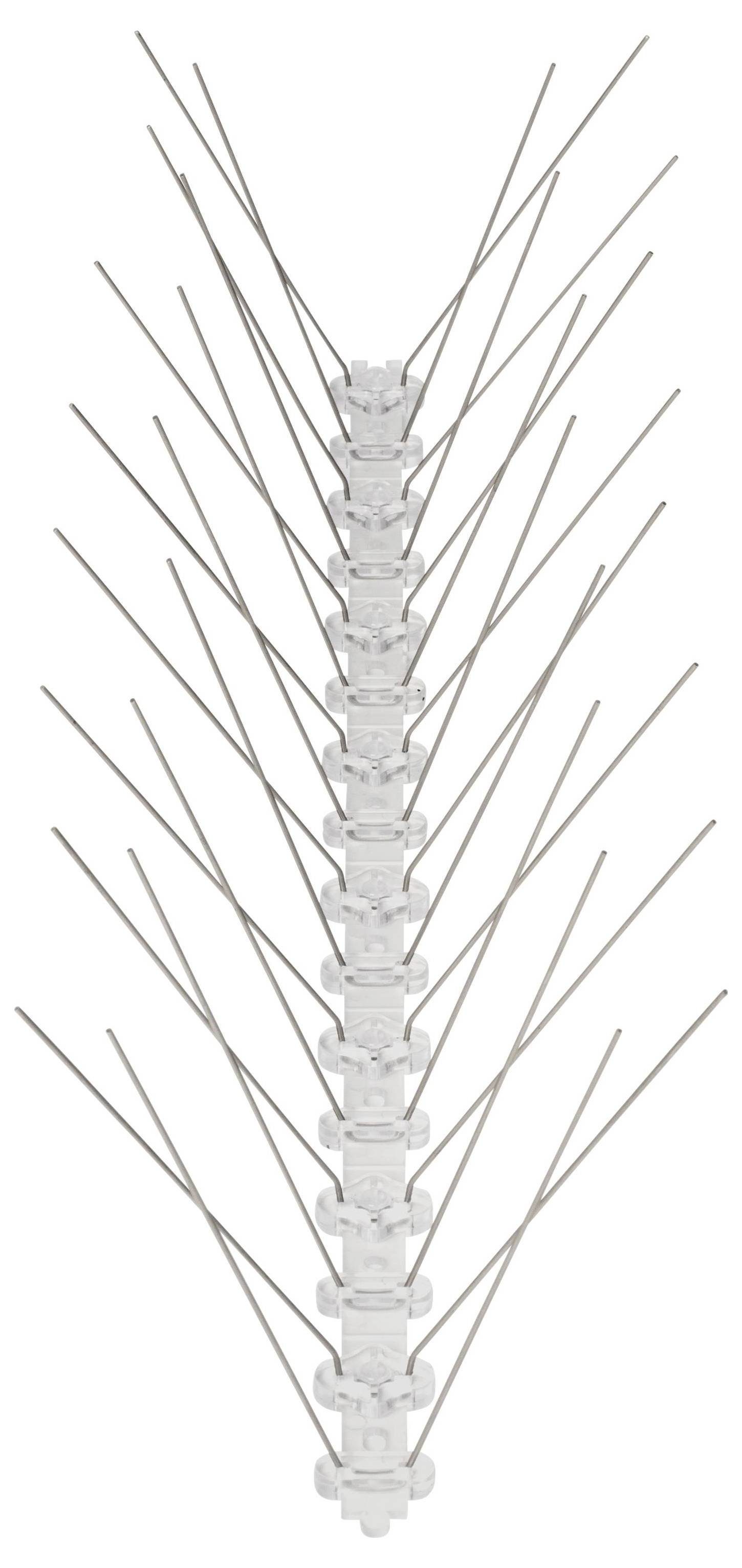 Bird prevention spikes with multiple rows of stainless steel on a plastic base to prevent birds from landing on building edges.