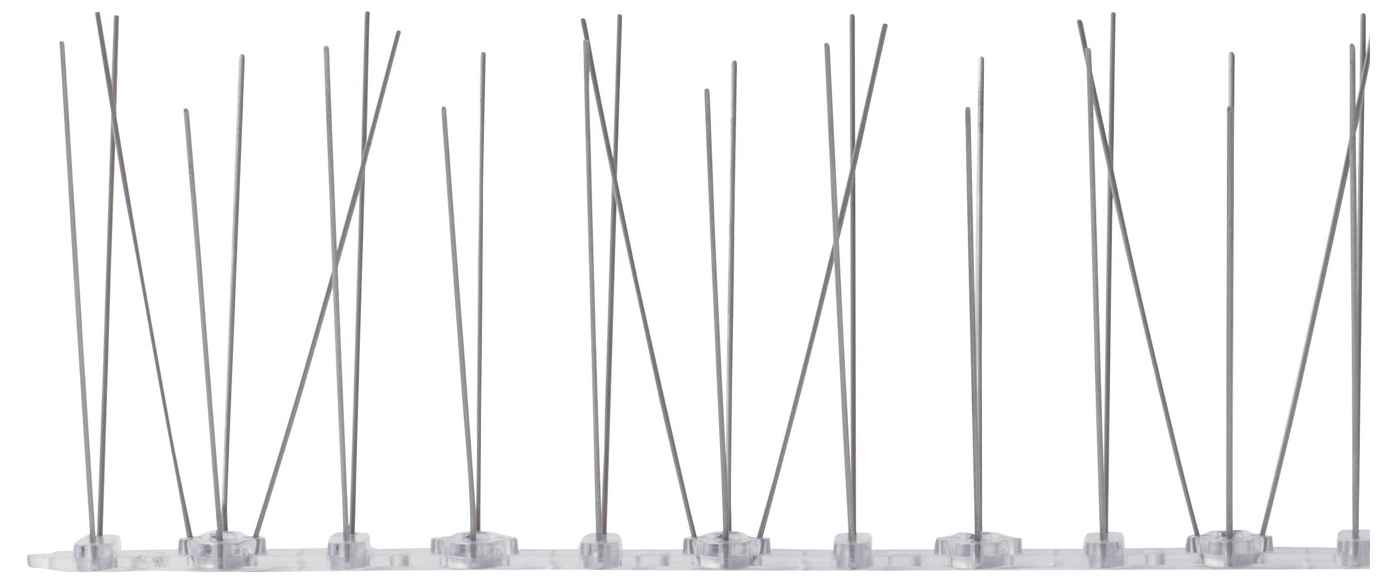 A bird deterrent system comprising multiple thin metal rods protruding vertically from a base, designed to keep birds at bay.