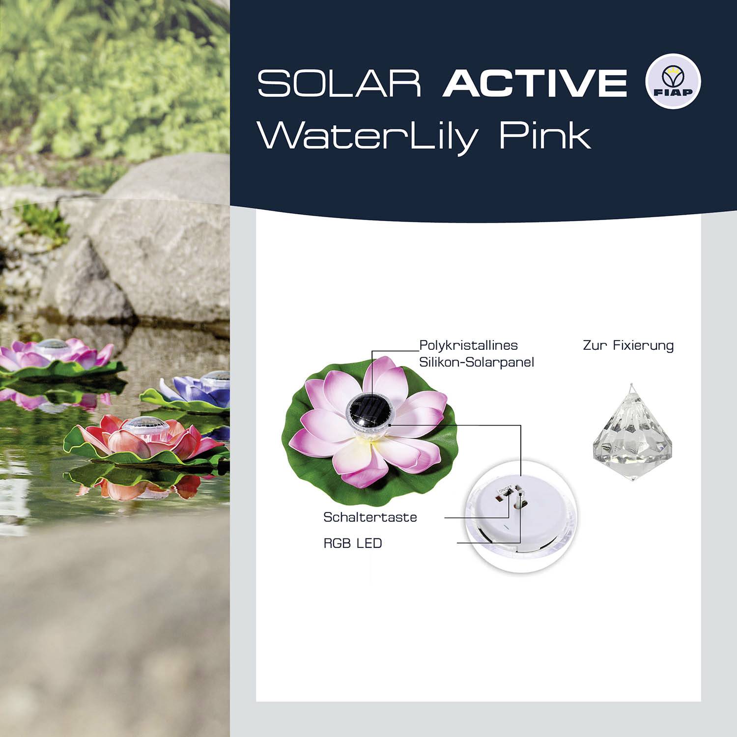 'Product image of Solar Active WaterLily Pink' with RGB LED, polycrystalline solar panel and switch button.