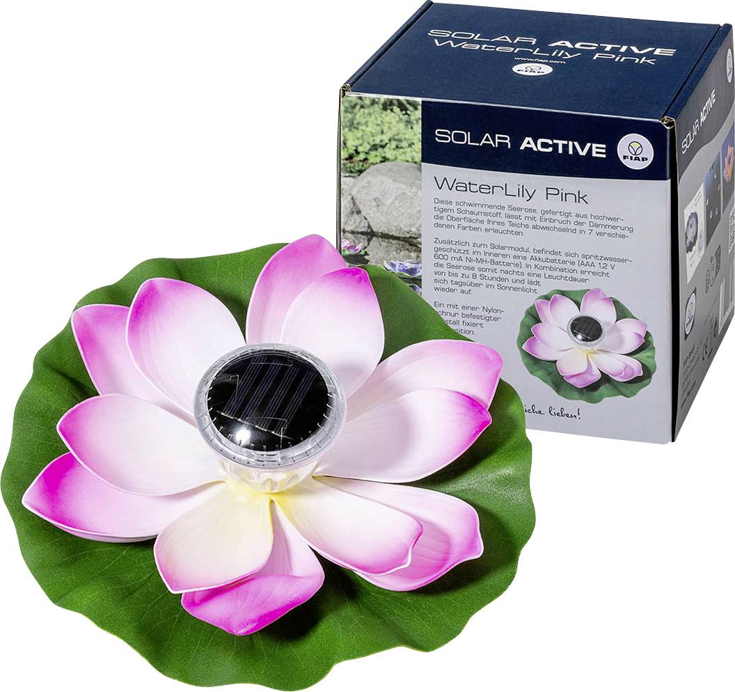A pink lotus flower with a solar panel on a green leaf and matching packaging. Text on the box describes the solar light.