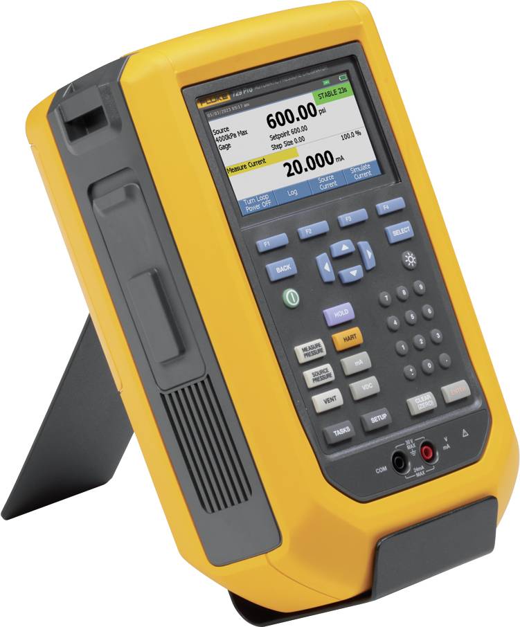 A yellow, portable measuring and testing device with digital displays and a keyboard for electrical measurements.