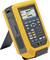 A yellow, portable measuring and testing device with digital displays and a keyboard for electrical measurements.
