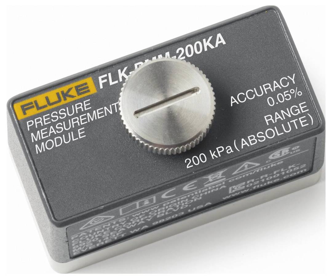 A pressure measurement module with a rotary knob, showing 'Fluke', 'Accuracy 0.05%', 'Range 200 kPa (absolute)'.