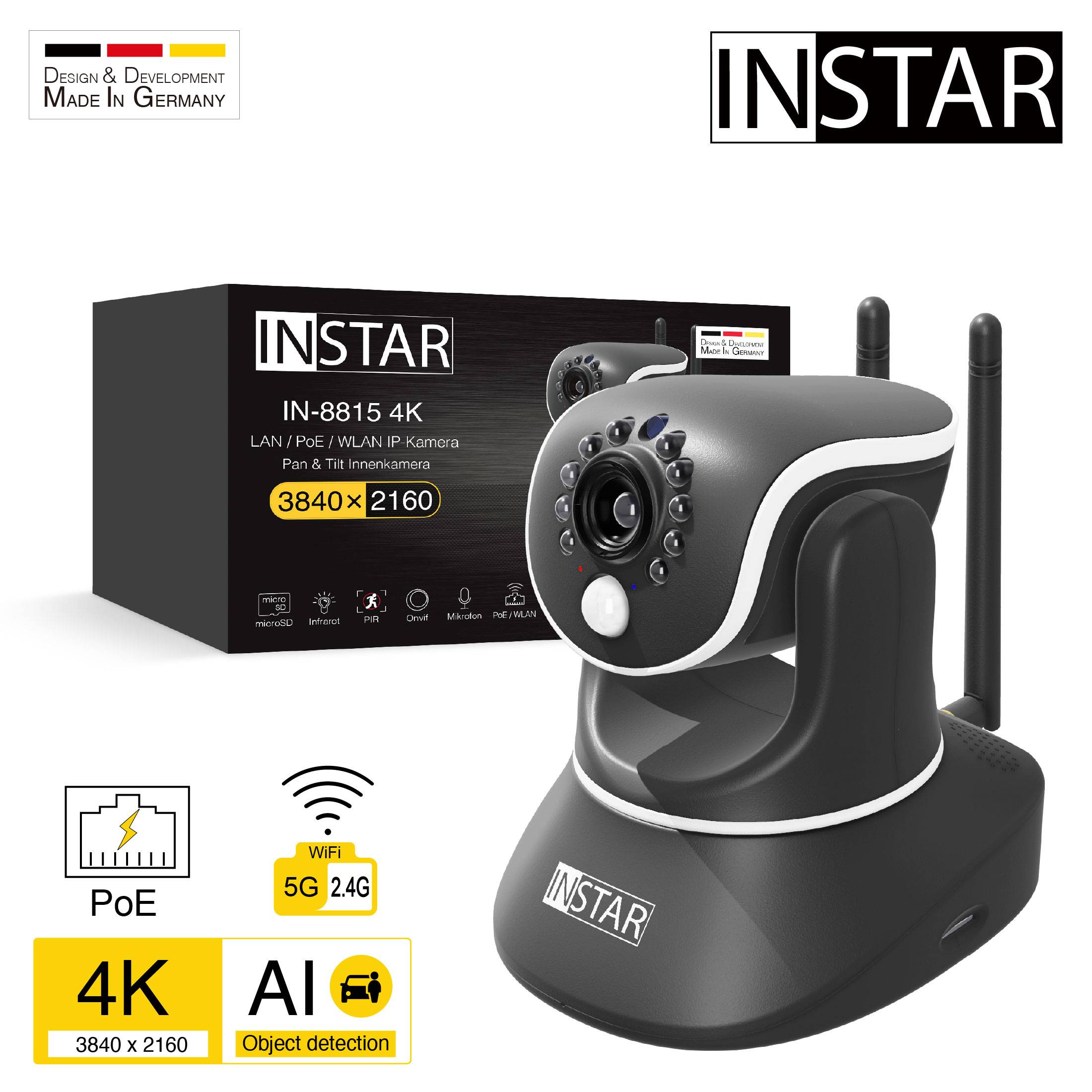 INSTAR IP Camera, Model IN-8815 4K. Features: LAN, PoE, WLAN, Pan & Tilt. Resolution 3840 x 2160, supports 5G, 2.4G networks.