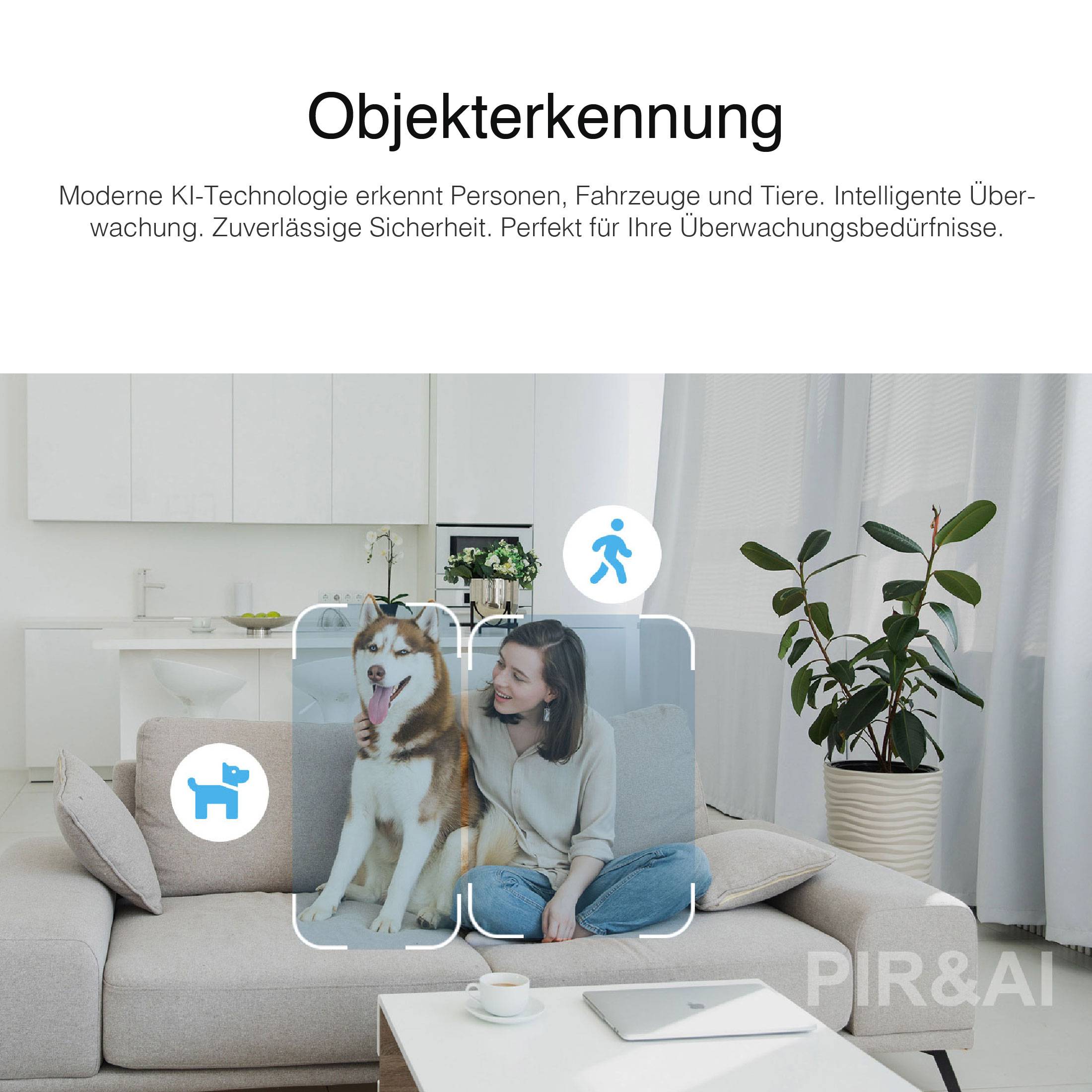 Woman on sofa petting dog, surrounded by artificial intelligence and object recognition symbols in modern living room.