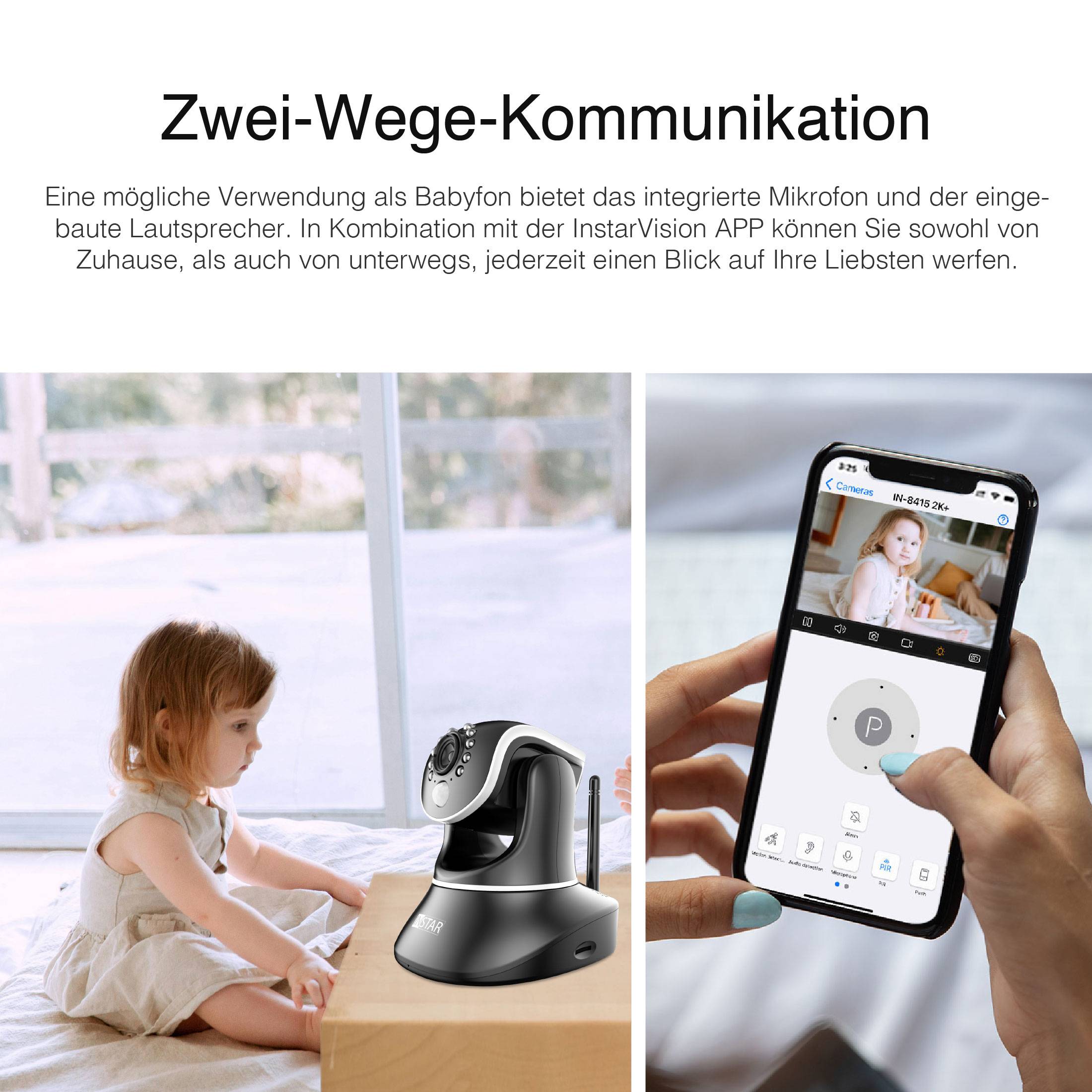 A woman monitors a baby with a smartphone app via a camera. Text: 'Two-way communication' explains the function.