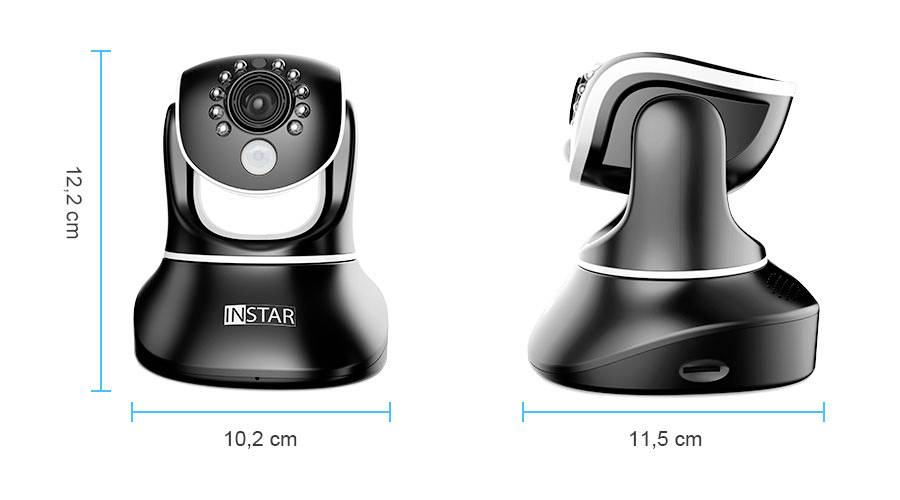 Black surveillance camera with 12.2 cm height, 10.2 cm front width, 11.5 cm side width. Control function: Pan, tilt, zoom.
