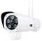 White surveillance camera with multiple lenses and two antennas, wall-mounted. Suitable for outdoor areas.