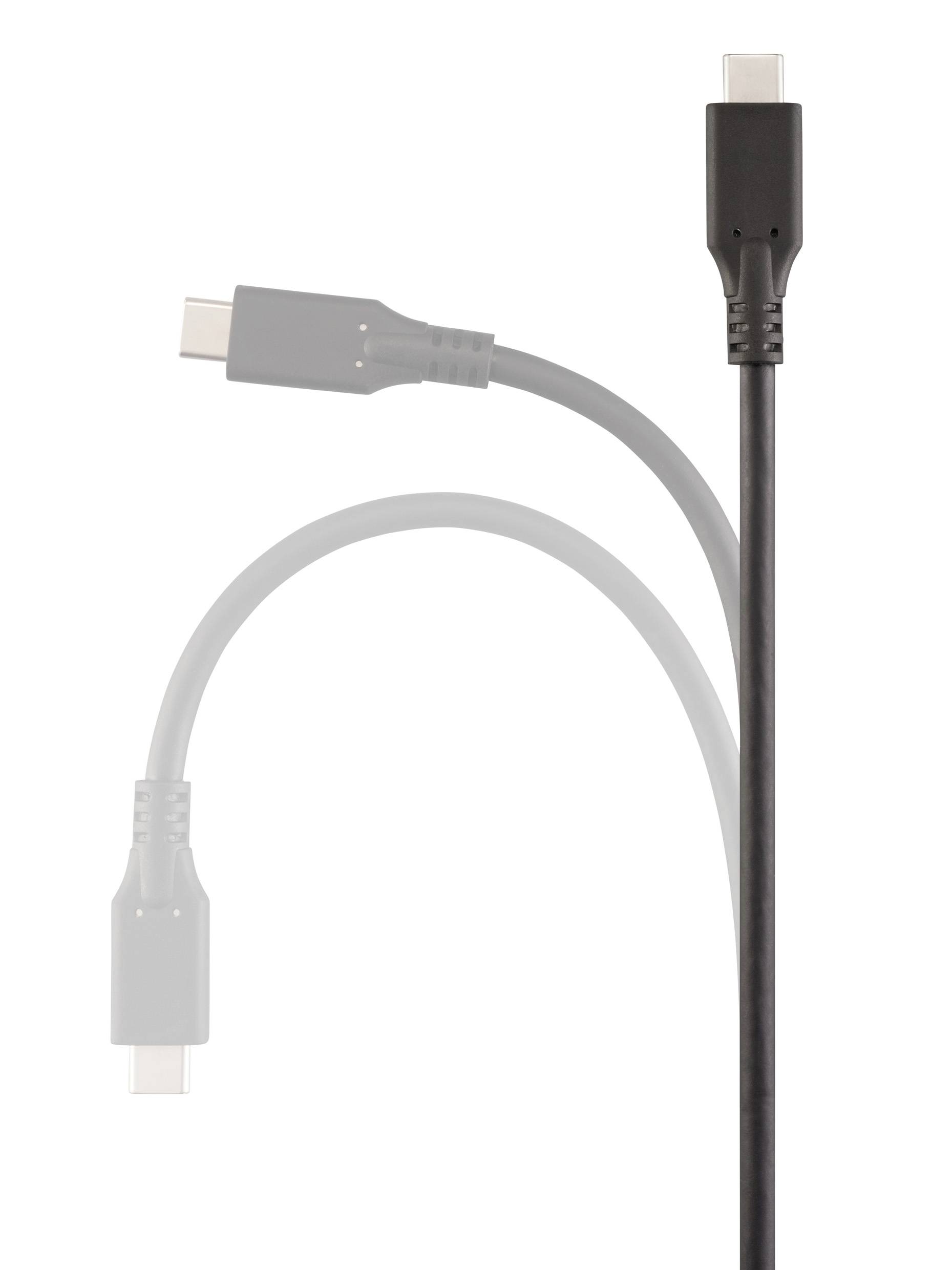 A black USB-C cable with one connector at each end appears in different positions, showing its flexibility.