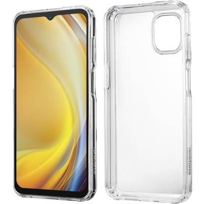 Two smartphones in transparent cases; one shows a vibrant yellow screen, the other displays the back, highlighting camera placement.