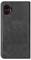 A black leather phone case with red accents around the camera cutouts.