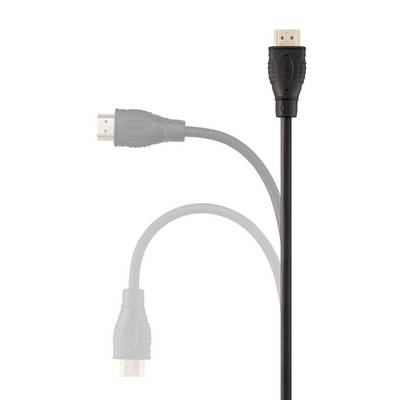 A black HDMI cable with two connectors, one highlighted in full color and another faint, indicating flexibility.