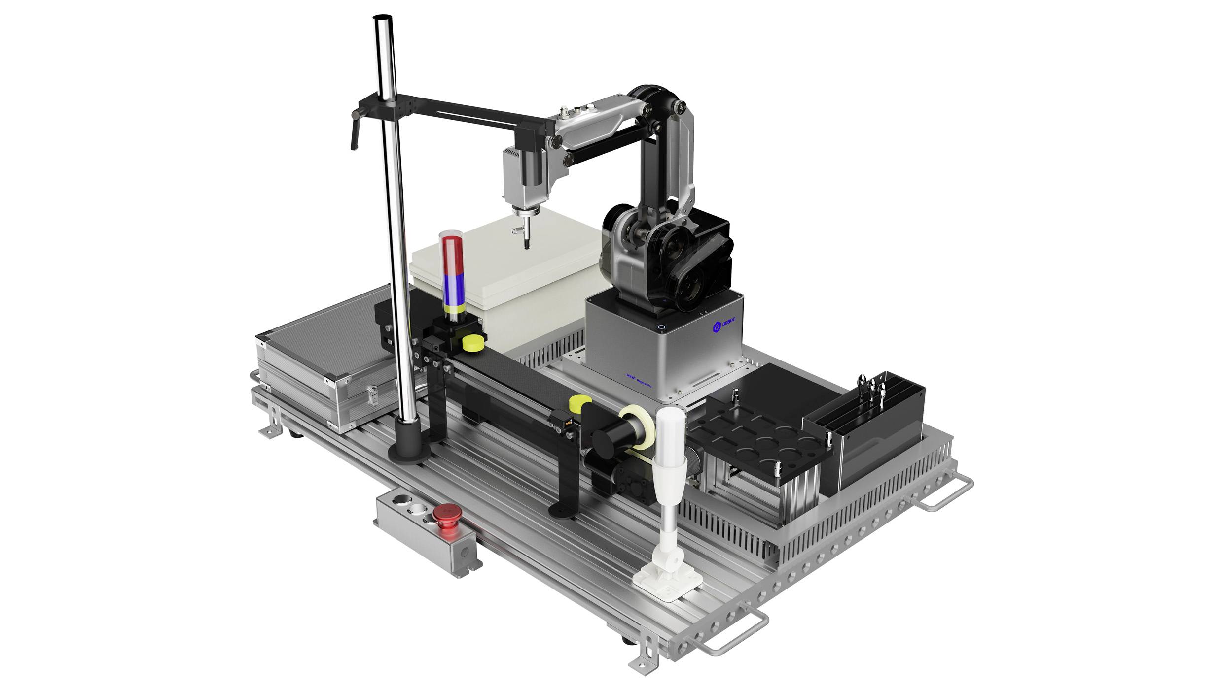 A robotic arm on a platform is assembling parts, surrounded by mechanical components and tools, showcasing industrial automation.
