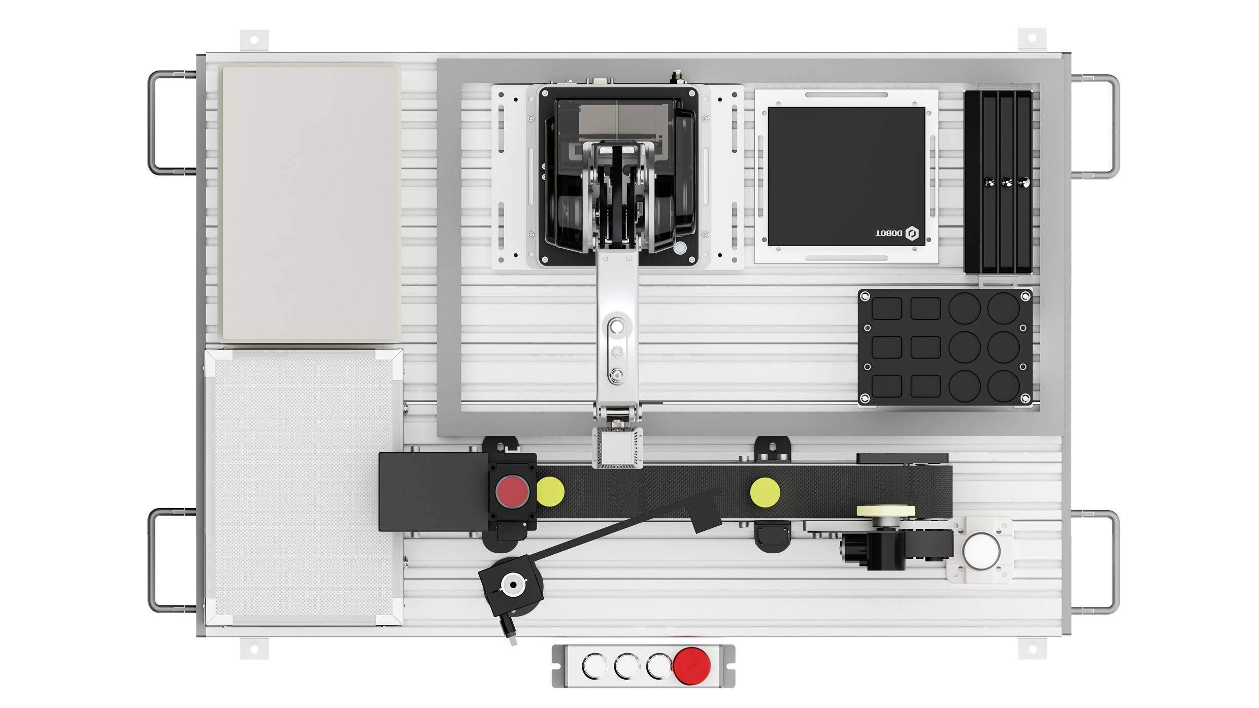 A top-down view of an industrial control panel with buttons and levers, indicating equipment management or monitoring capabilities.