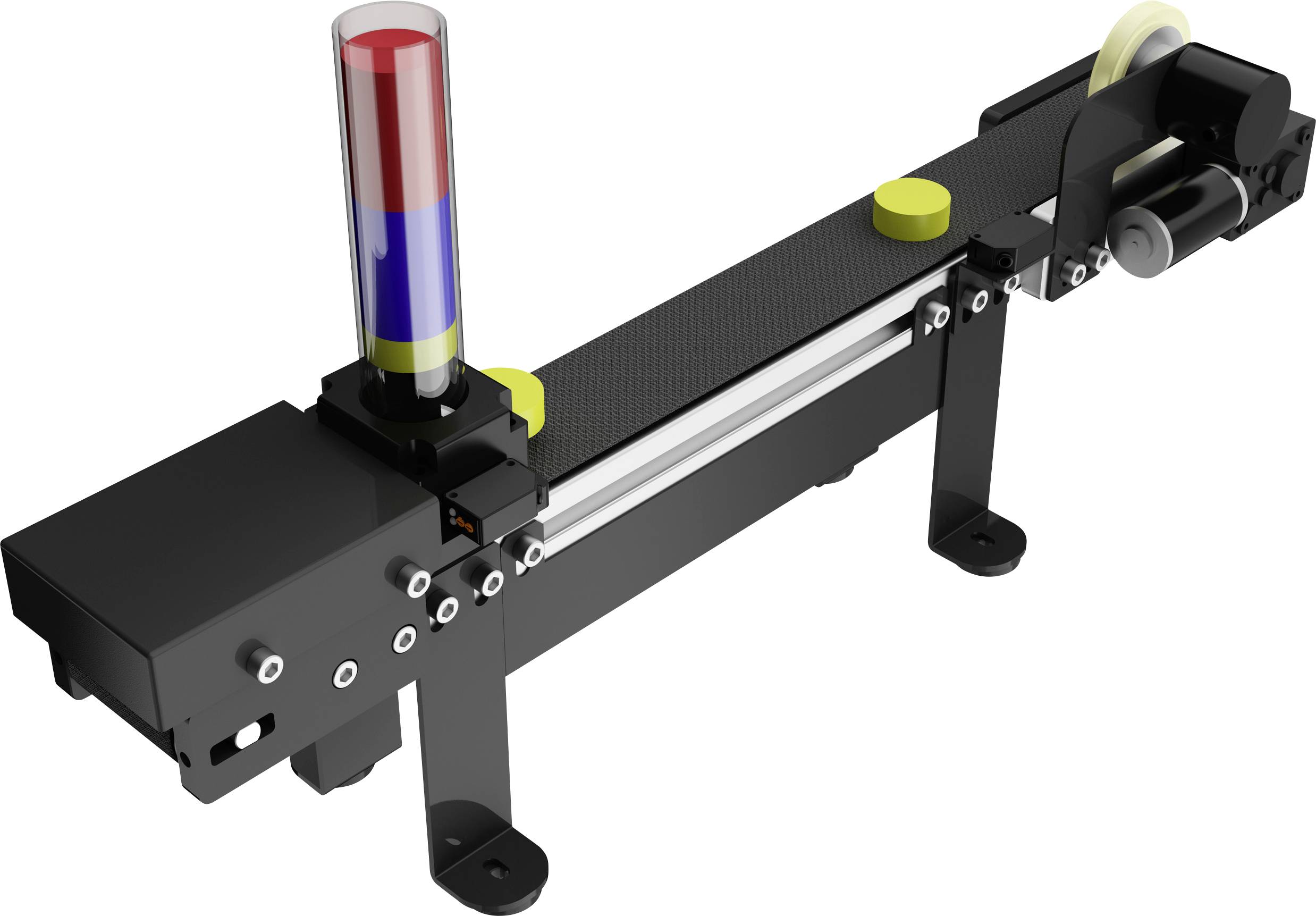 A conveyor system with a cylindrical red and blue light, black belt, and a motor on the right, used for transporting small items.