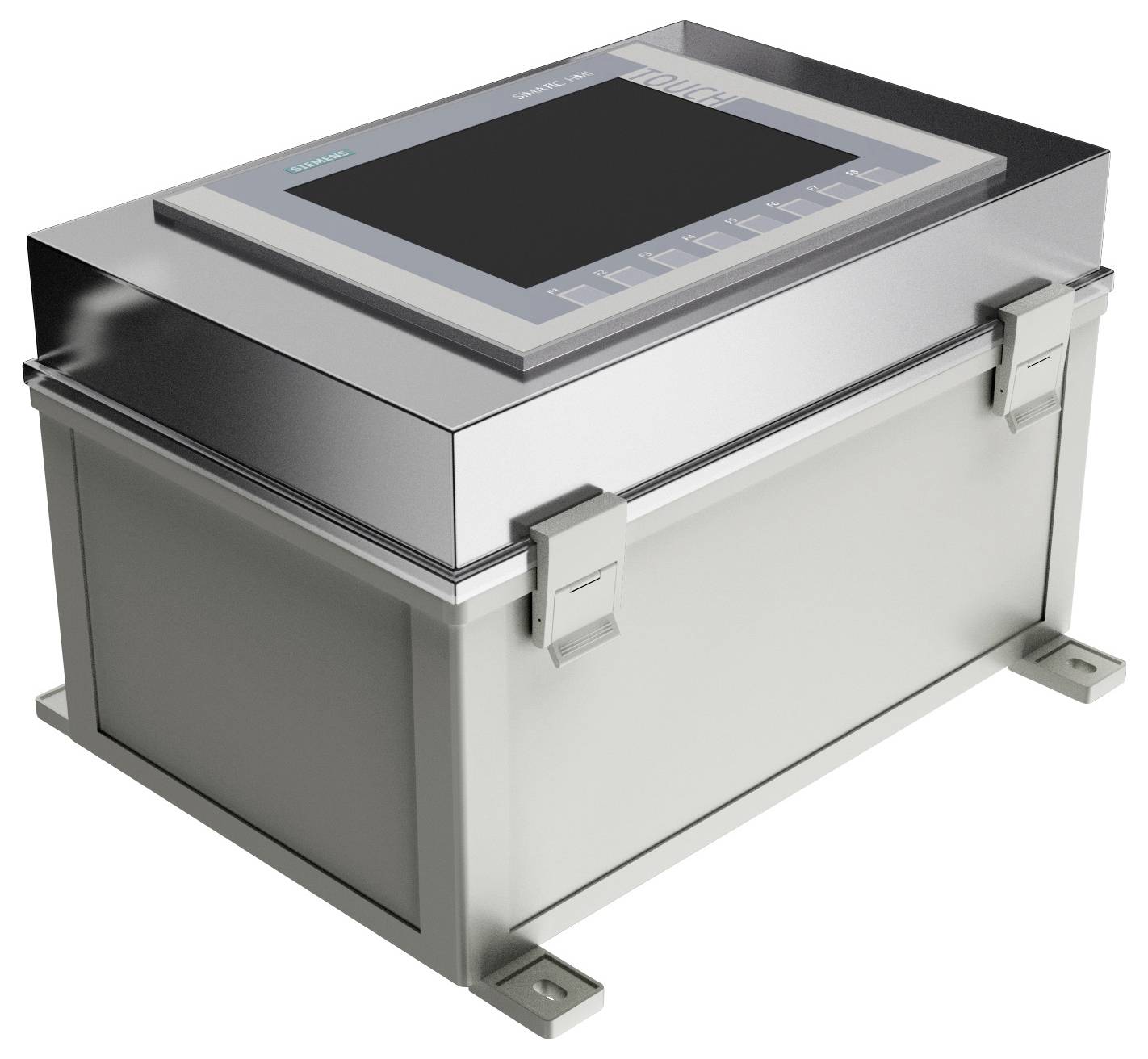 A gray industrial electronic device with a digital display and multiple buttons, used for monitoring or controlling machinery.