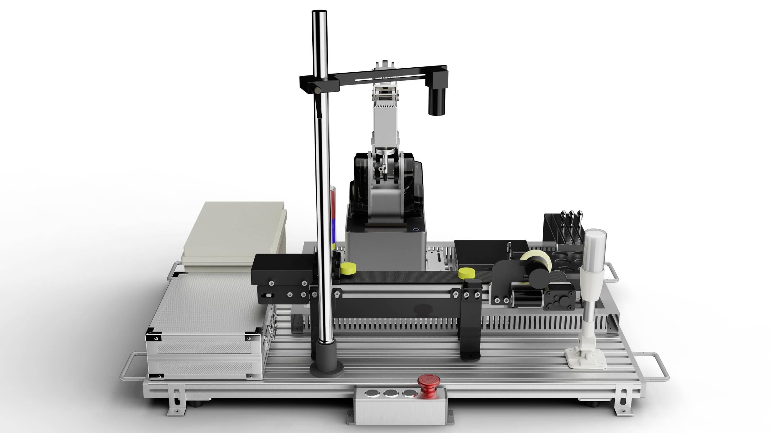 A robotic arm on a laboratory platform with various scientific instruments, including test tubes, a control panel, and a safety button.