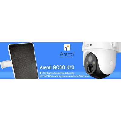 'Advertisement for the Arenti GO3G Kit3: 4G LTE battery-powered wireless 2K 3 MP surveillance camera with solar panel. Camera and solar panel pictured.'
