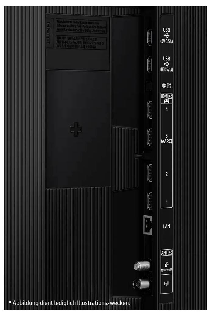 Back of a television with USB, LAN, and HDMI ports as well as power connection. Bottom left note indicating for illustration purposes only.