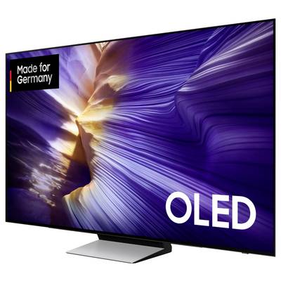 An OLED television with a colorful screen display and the inscription 'Made for Germany'. High-quality display advertised.