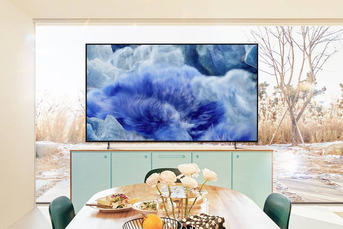 A television shows an image of blue waves. It stands on a cabinet in a room with large windows, through which nature can be seen.