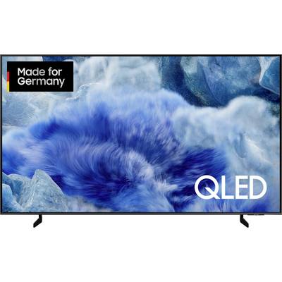 A QLED screen displays an abstract blue and gray pattern, labeled with 'Made for Germany'.