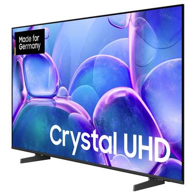 Flat screen television with the inscription 'Crystal UHD'. Background with colorful, transparent bubbles. Top left: 'Made for Germany'.