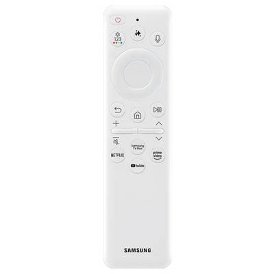 White remote control with buttons for power, volume, channels and streaming services like Netflix and YouTube.