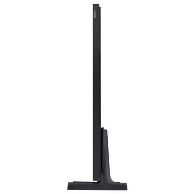 Side view of an ultra-thin, black monitor on a sleek stand, showcasing minimal design and modern technology.