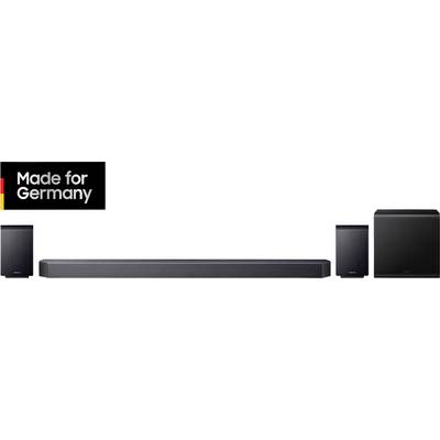 Home entertainment system consisting of soundbar, subwoofer and two satellite speakers. Black banner 'Made for Germany' in the top left.