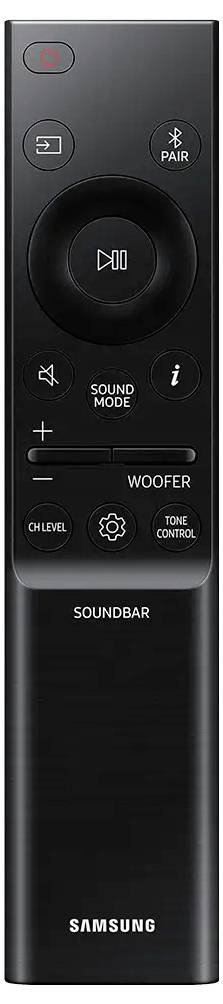 Black remote control for a Samsung soundbar with buttons for volume, sound mode, mute, and connection settings.