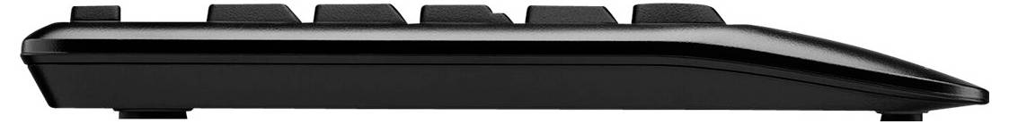 'Side view of a black keyboard, showing the sloped profile and elevated keys.'