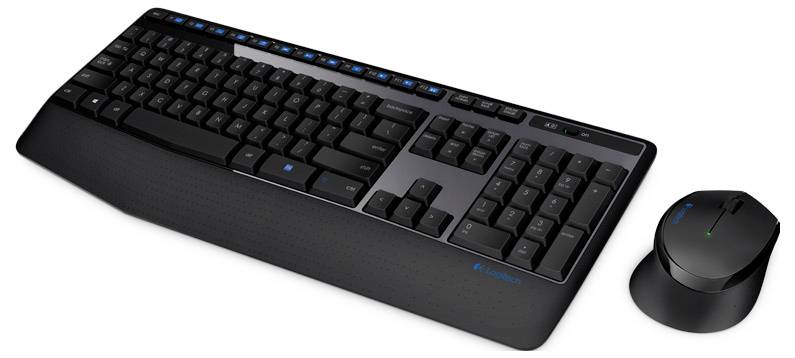 Wireless keyboard and mouse set; keyboard with numeric keypad, function keys; black color, sleek design; mouse has two buttons.